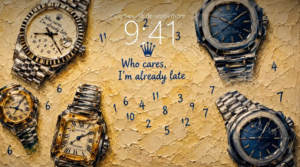 Cuatro relojes de lujo sobre fondo crema con la frase «Who cares, I'm already late», óleo