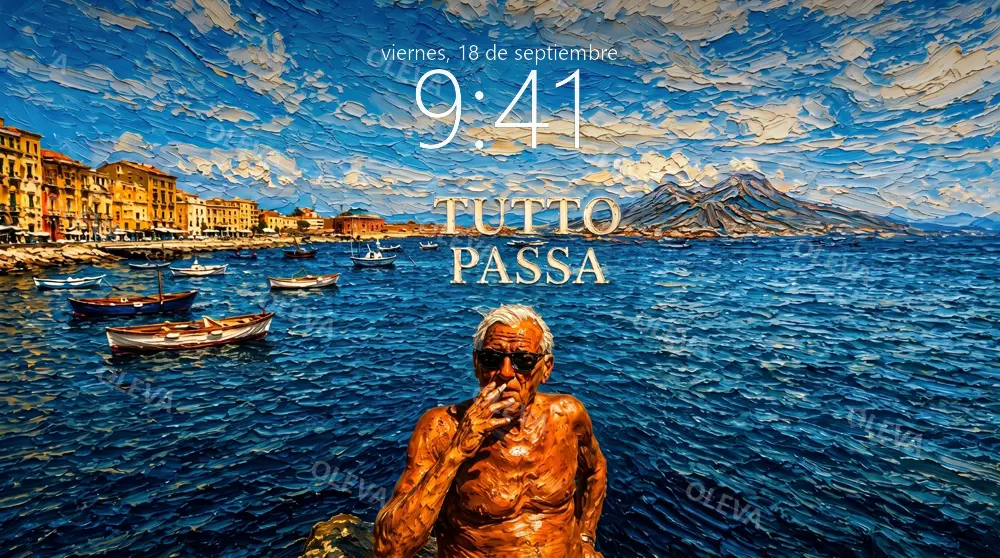Puerto mediterráneo con barcas y un volcán al fondo, hombre mayor en primer plano, óleo con textura