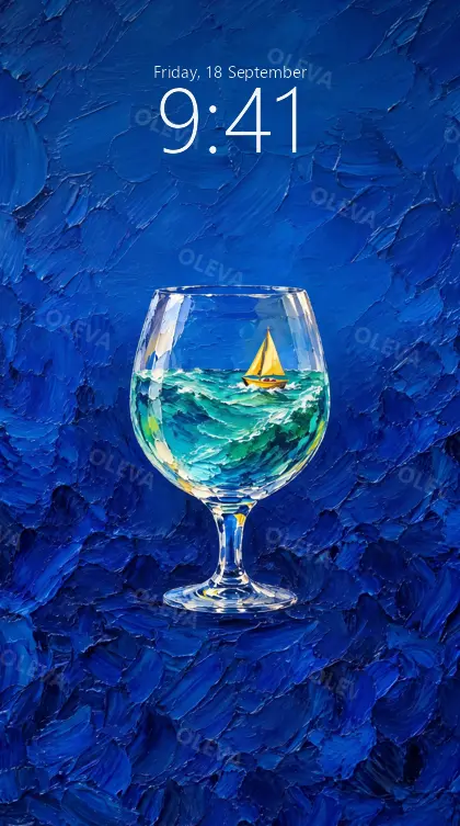 Versión de móvil: Copa de cristal con mar turquesa y un pequeño velero amarillo dentro, sobre fondo azul cobalto, óleo de espátula