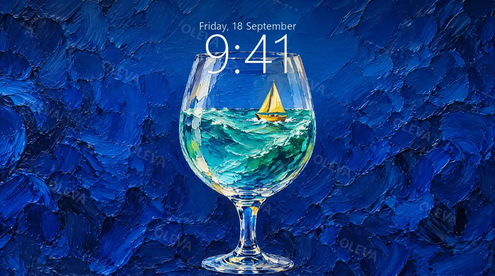Copa de cristal con mar turquesa y un pequeño velero amarillo dentro, sobre fondo azul cobalto, óleo de espátula