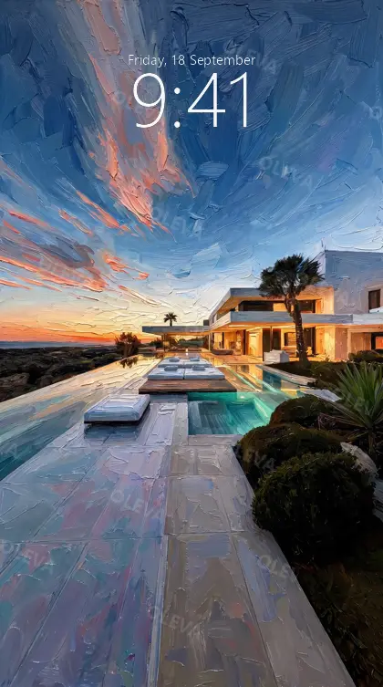 Versión de móvil: Villa moderna con piscina infinita junto al mar al atardecer, pintura al óleo de espátula