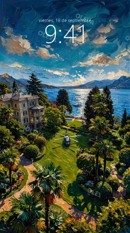 Versión de móvil: Villa italiana con jardín, palmeras y helipuerto junto a un lago, pintura al óleo con textura