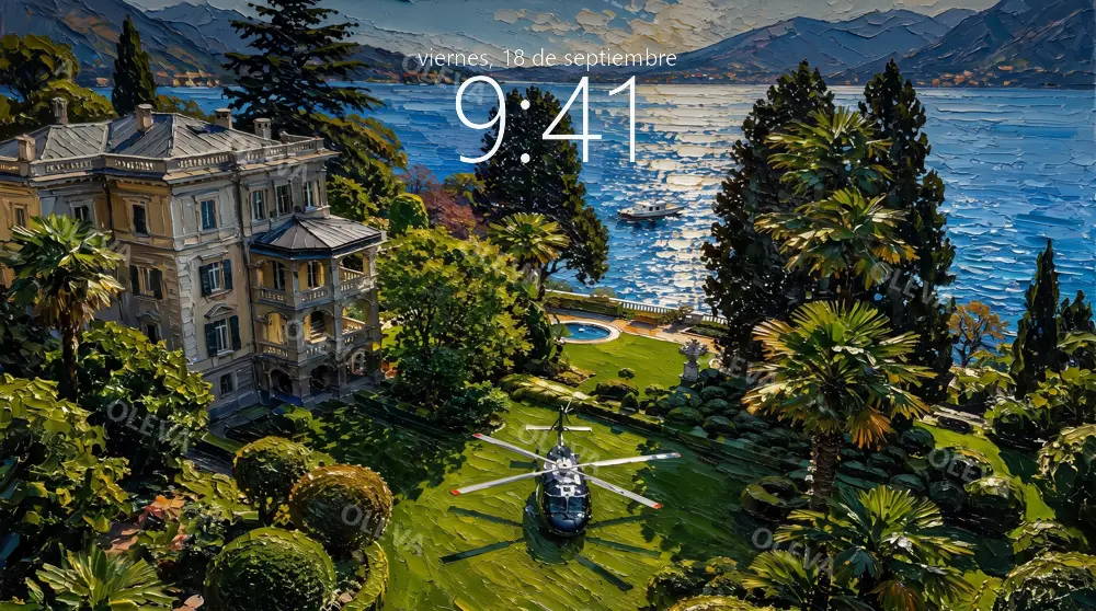Villa italiana con jardín, palmeras y helipuerto junto a un lago, pintura al óleo con textura