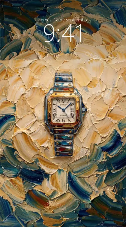 Versión de móvil: Reloj de acero y oro sobre un fondo de espátula ocre y azul, pintura al óleo con relieve