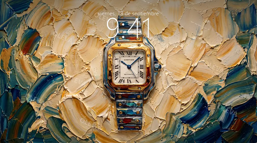 Reloj de acero y oro sobre un fondo de espátula ocre y azul, pintura al óleo con relieve