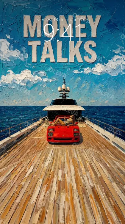 Versión de móvil: Yate de lujo con un coche rojo en cubierta sobre el mar azul, pintura al óleo