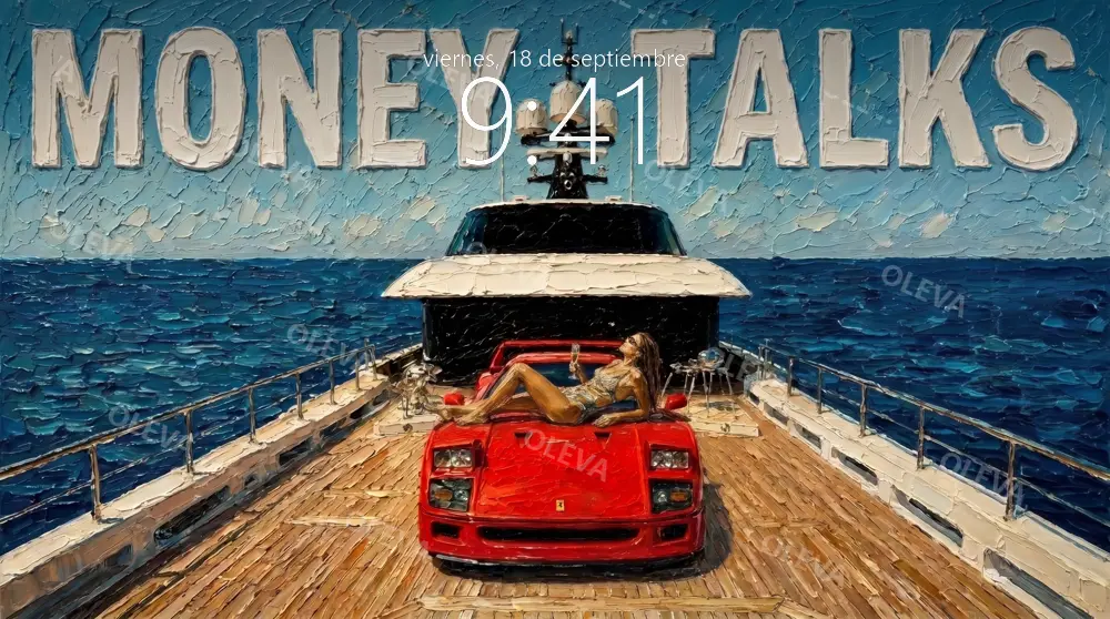 Yate de lujo con un coche rojo en cubierta sobre el mar azul, pintura al óleo